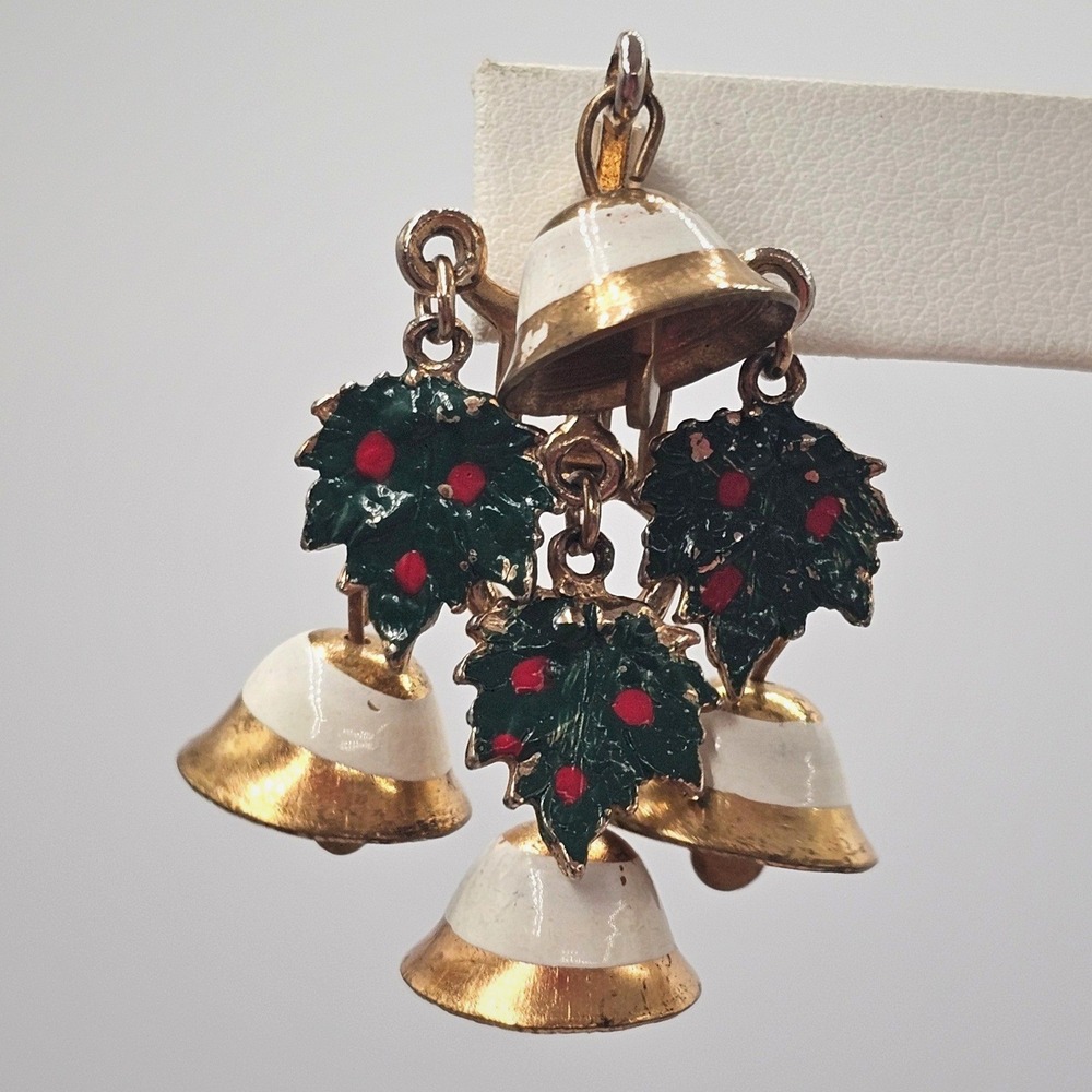 Vintage Christmas Brooch Dangle Bells Holly Enamel Gold Tone Holiday Pin 1.5"